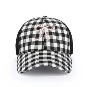 Casquette de baseball en résille vichy pour femme, nœud rose mignon, visière incurvée, été