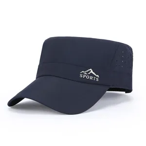 Detailed view of breathable navy blue military cap side ventilation holes and sports logo detail.