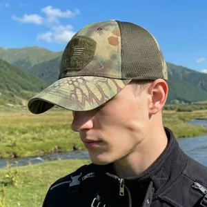 Outdoor camouflage tactical baseball cap with breathable mesh and tactical patch for men.