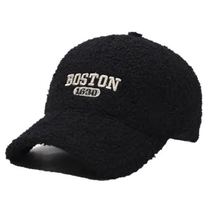 Black teddy fleece baseball cap for women, cozy winter hat with Boston embroidery.