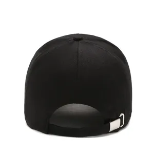 Back detail view of the classic black cotton canvas baseball cap with adjustable metal buckle.