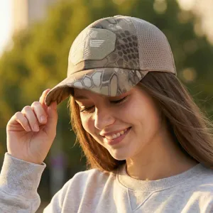 Breathable tactical baseball cap with camo pattern and mesh back for outdoor sports.