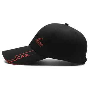 Black long brim baseball cap featuring red sport style print, perfect for outdoor sun protection.