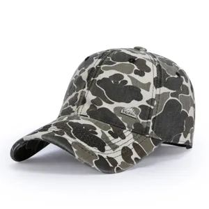 Vintage camo baseball cap for men and women, soft top outdoor sun hat, trendy tactical cap.