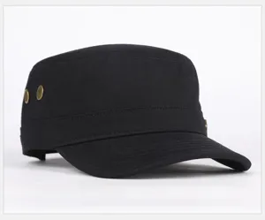 Berretto piatto nero in cotone da uomo, cappello militare casual con bottoni metallo.