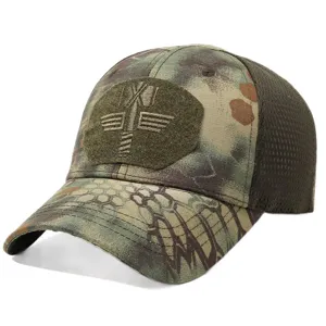 Tactical camo baseball cap with mesh back and front embroidered patch for outdoor sports