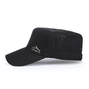 Detailed side view of black quick-drying flat top cap with side ventilation holes and sports logo.