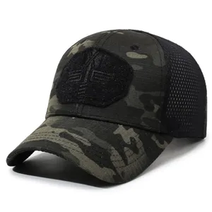Detailed view of tactical camouflage baseball cap with breathable mesh back and front patch.