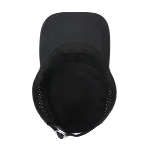 Black outdoor flat top cap with breathable side holes and metal adjustable buckle for hiking.