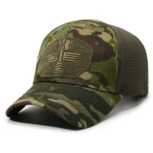 Tactical camouflage baseball cap detail view, breathable mesh back and embroidered front patch.