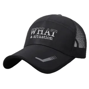 Black mesh baseball cap with front embroidery for outdoor sun protection and casual wear.