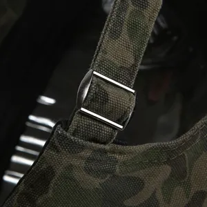 Retro camo baseball cap adjustable strap detail, classic outdoor sports duck tongue hat.