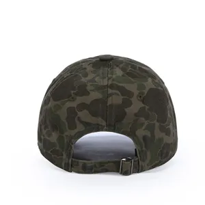 Camo baseball cap back view showing adjustable metal strap and classic camouflage pattern.