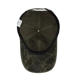 Retro camouflage baseball cap interior view, 100% cotton material, casual outdoor wear.
