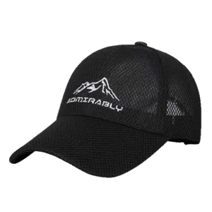 Black mesh baseball cap for men, breathable summer sun hat with embroidered mountain logo.