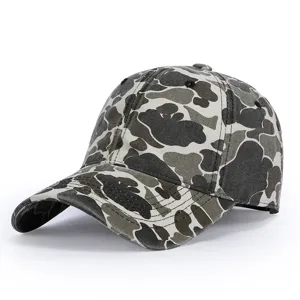 Vintage camo baseball cap detail, unstructured soft top, curved brim, classic tactical style.