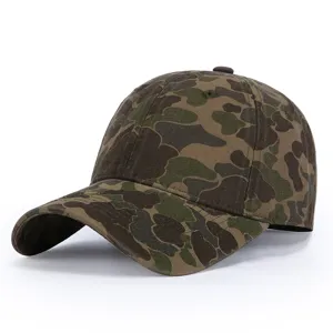 Detailed view of vintage camo baseball cap, soft top casual outdoor sun protection hat.