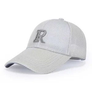 Detailed view of grey mesh baseball cap with embroidered letter R, breathable outdoor sun hat.