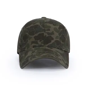 Retro camouflage baseball cap for men and women, classic soft top outdoor sun hat detail.