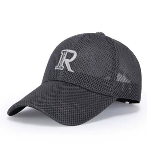 Grey mesh baseball hat with embroidered letter R, breathable casual duck tongue sun cap for men.
