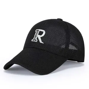 Black mesh baseball cap for men, breathable summer sun hat with embroidered letter R.