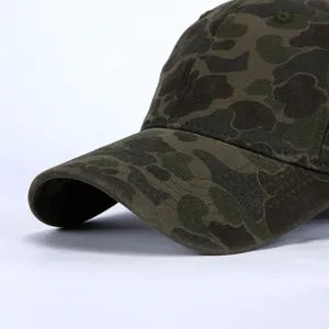 Close-up detail shot of the curved brim and soft top fabric on a retro camouflage baseball cap.