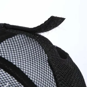 Black mesh baseball cap adjustable velcro strap detail, breathable fabric back closure view.