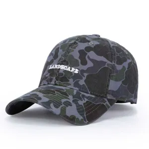 Camouflage baseball cap with white embroidered letters, casual style sunshade duck tongue cap.