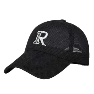 Black mesh baseball cap with white embroidered letter, breathable and stylish outdoor hat.