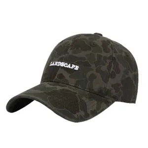 Camouflage baseball cap for men, stylish outdoor sun hat with white landscape embroidery.
