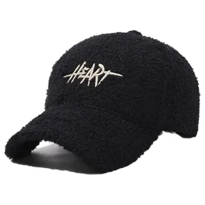 Black teddy fleece baseball cap with embroidered heart letter, autumn winter warm hat.