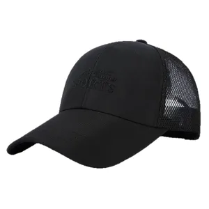 Black mesh baseball cap for men, breathable outdoor sports hat with embroidery design.