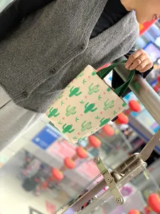 Cute cactus print canvas tote bag, portable thermos cup holder and daily lunch handbag.