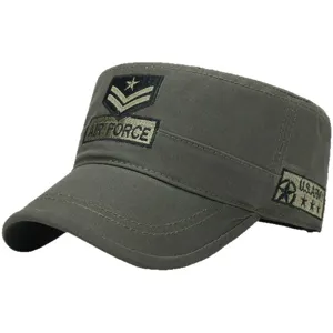 Men's tactical green flat top military cap cotton casual outdoor sun hat with embroidery.