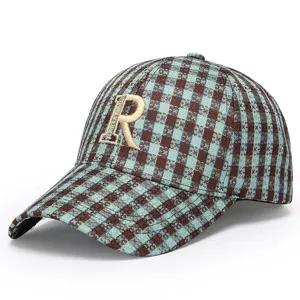 Gorra de béisbol de cuadros gruesa y elegante para hombres y mujeres, con patrón azul y marrón.
