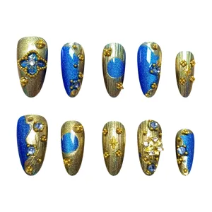 Lujo azul oro unas postizas 10 pcs conjunto diamantes trebol unas press on arte elegante