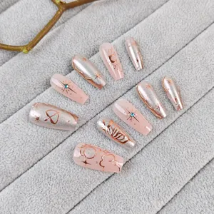 Handgemachte künstliche Fingernägel Set lang Sargform Stern Mond metallic silber 10 Stück