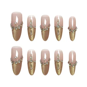 Uñas Postizas de Ojo de Gato Hechas a Mano Elegante Borde Dorado Francés Ovalado Perla Artificial Strass Uñas Postizas Mujer