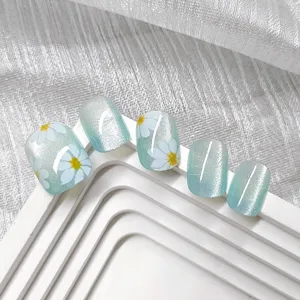Handmade cat eye press on nails short square sweet daisy fake nail art detail display