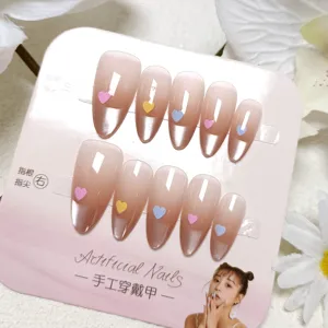 Handmade press-on nails with ombre cat eye and cute colorful hearts, 10pcs set for daily wear.