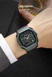 Men quartz watch with multi-function three-eye six-hand dial and stylish octagonal bezel.