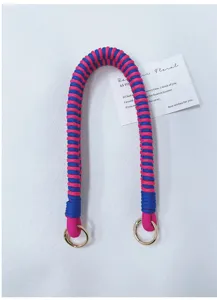 Handmade braided bag strap replacement, pink blue paracord purse handle with gold rings.