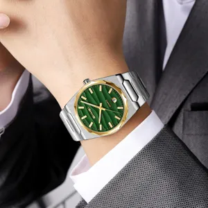 Men quartz watch with stainless steel band, green textured dial and luxury business style.