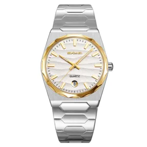 Men's quartz watch with stainless steel strap gold bezel textured dial calendar display.