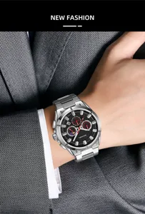 Men's stainless steel quartz watch with black dial calendar and steel strap business style
