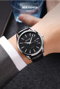 Herren Quarzarmbanduhr mit schwarzem Lederarmband und Datumsanzeige fuer Business.