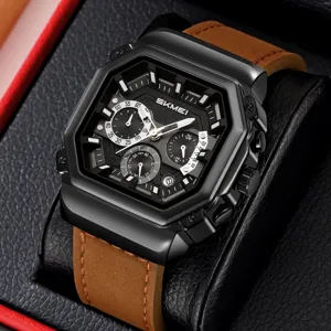 Skmei Business Men's Quartz Watch Multifunctional Three-Eye Six-Hand Chronograph Zinc Alloy Case Leather Silicone Strap Watch