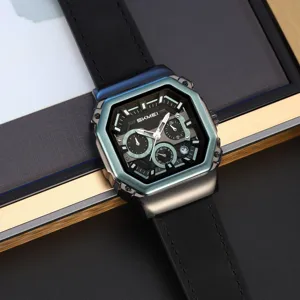 Men quartz watch with multi-function three-eye six-hand design and stylish hexagonal case.