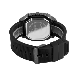 SKMEI black square quartz watch for men with durable silicone strap and waterproof back case.