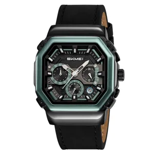 Men quartz watch with square octagonal bezel, multi-function sub-dials and black leather strap.